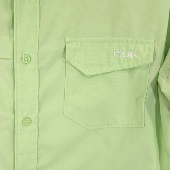 HUK Shirt Mens M Light Green Outdoor Vented Performance Short Sleeve Button Down - Picture 8 of 12